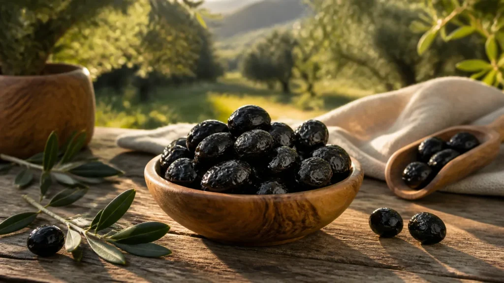 Gemlik siyah zeytin kalite seçimi için kase içinde siyah zeytin