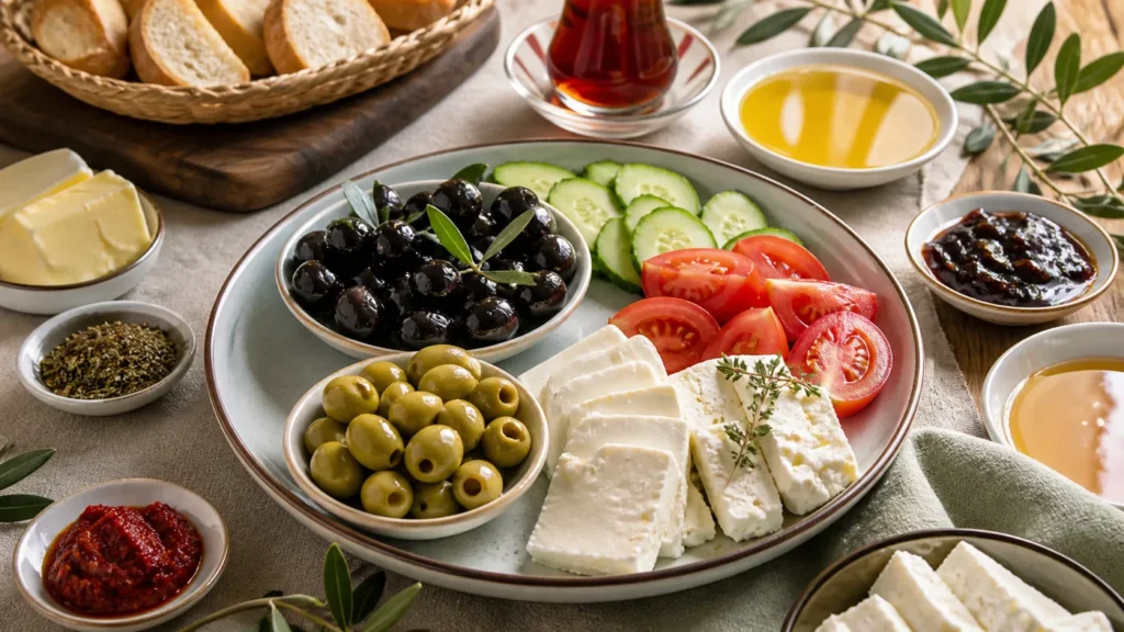 Kahvaltı tabağında siyah zeytin yeşil zeytin peynir ve sebzeler