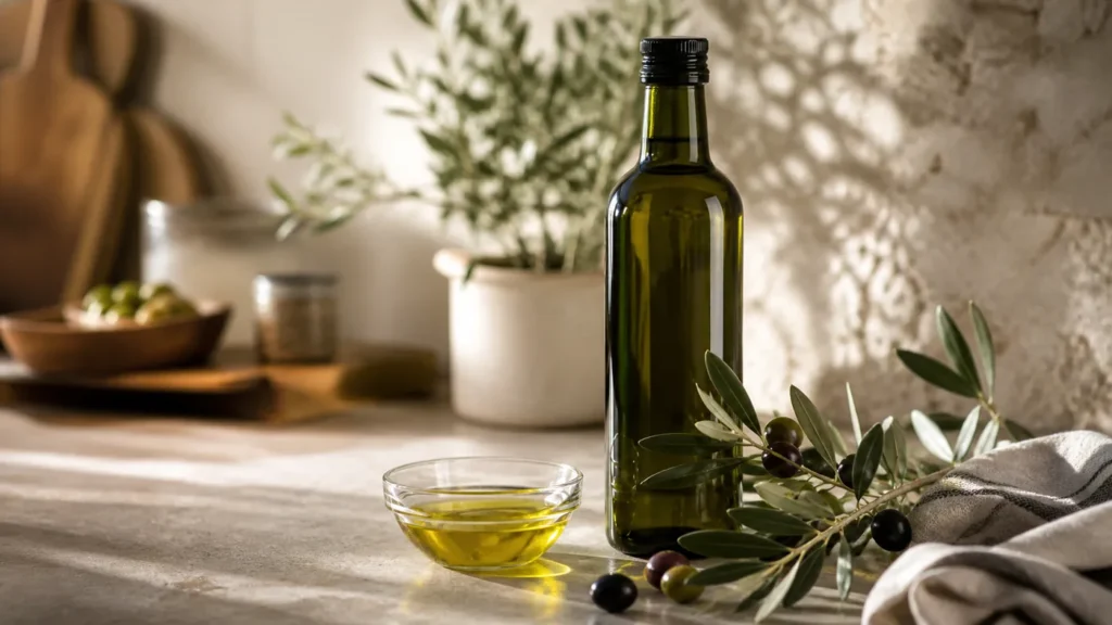 Zeytinyağı saklama önerileri için koyu renk cam şişe ve zeytin dalı